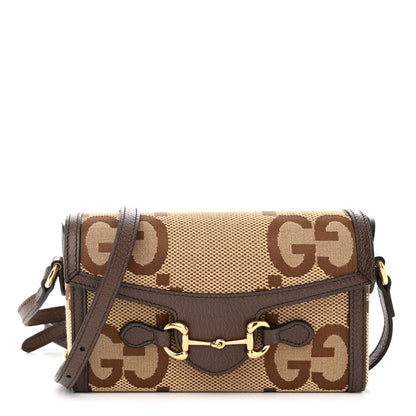 Gucci Monogram Jumbo GG Textured Dollar Calfskin Mini Horsebit 1955 Shoulder Bag Camel Ebony New Acero 1 of 10