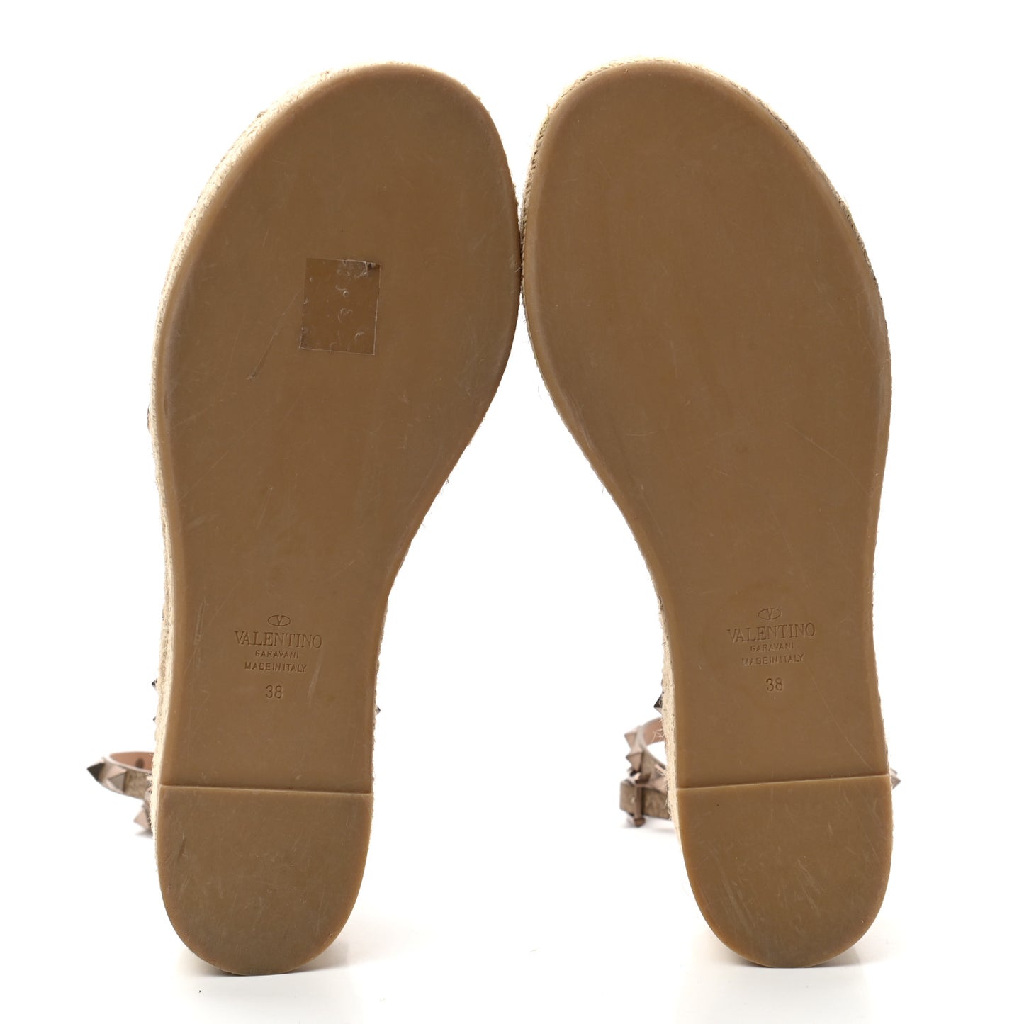 Metallic Grained Calfskin Rockstud Ankle Wrap Espadrille Flatform Sandals 38 Skin Natural