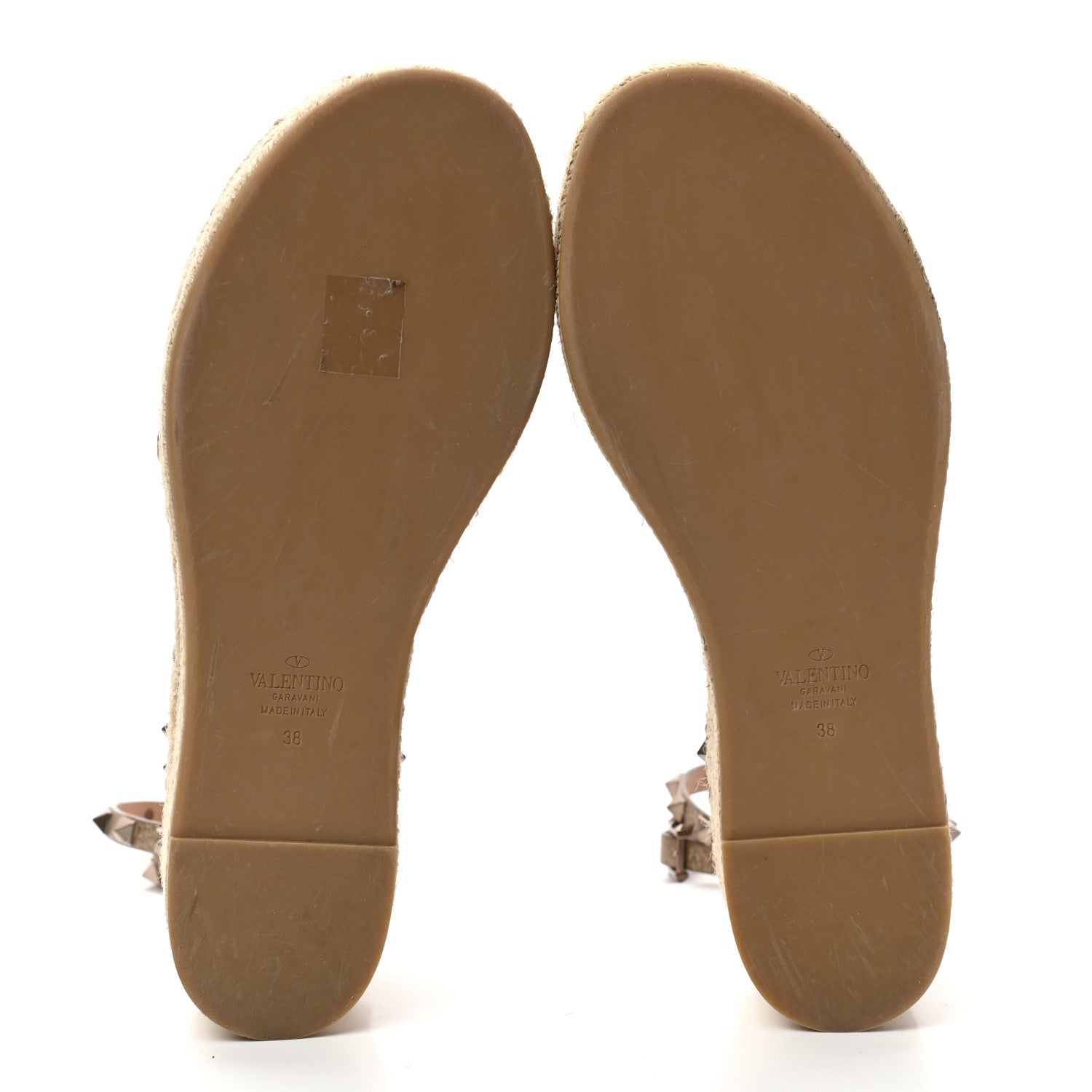 Valentino Garavani Metallic Grained Calfskin Rockstud Ankle Wrap Espadrille Flatform Sandals 38 Skin Natural 5 of 8
