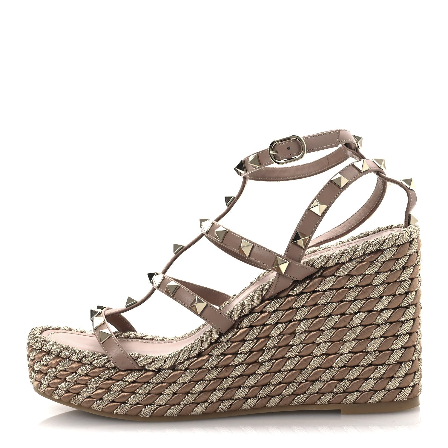 Valentino Garavani Calfskin Rockstud Ankle Strap Torchon Espadrille Caged 25/95mm Wedge Sandals 38 Rose Canelle 1 of 13