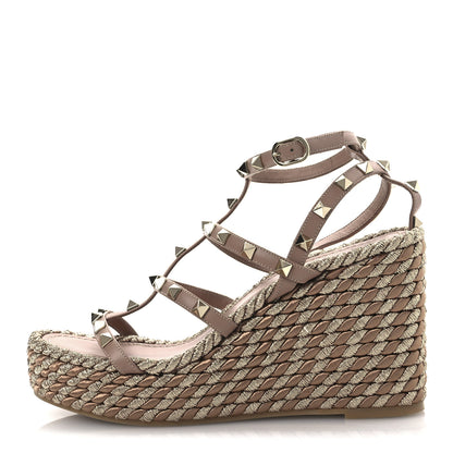 Valentino Garavani Calfskin Rockstud Ankle Strap Torchon Espadrille Caged 25/95mm Wedge Sandals 38 Rose Canelle 1 of 13