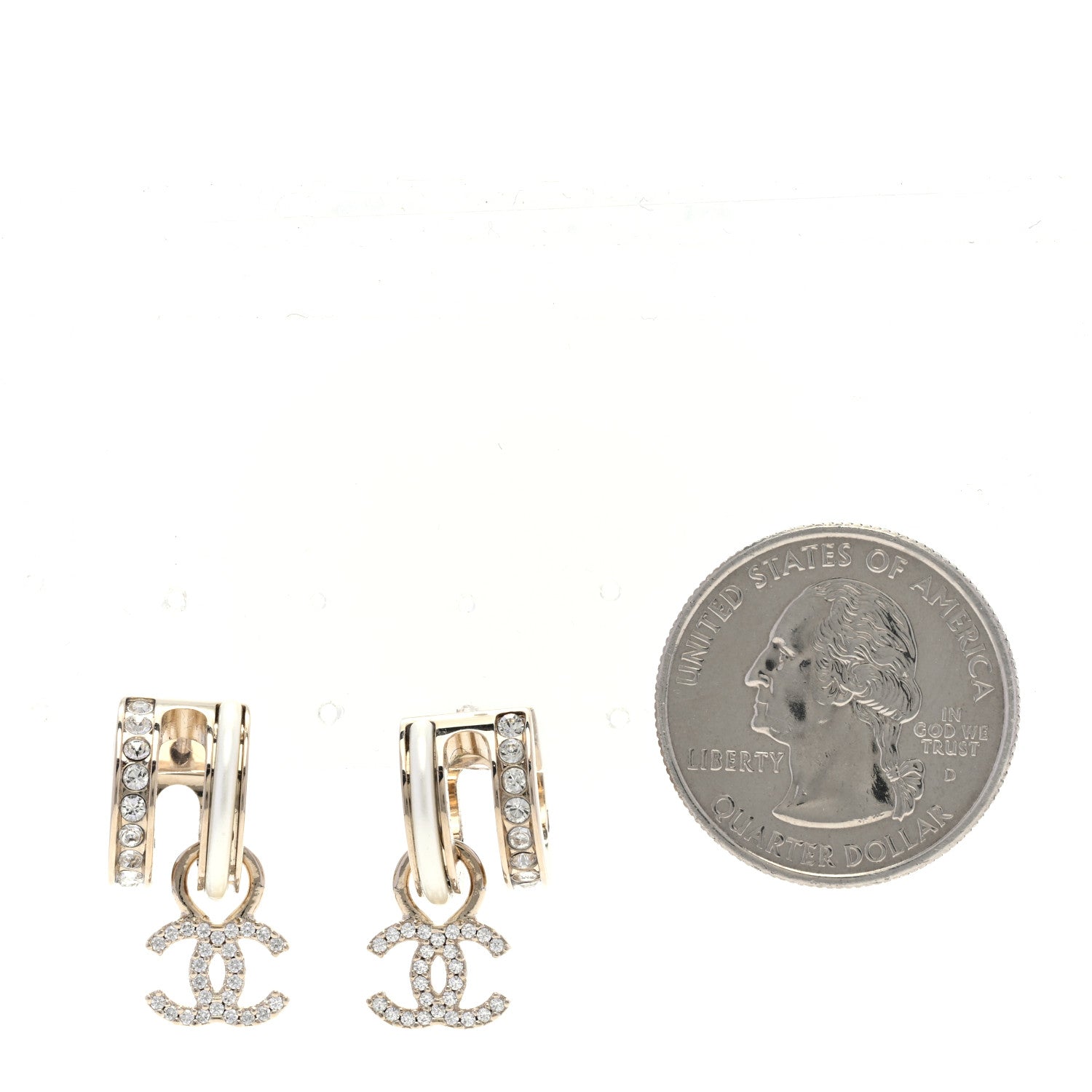 Chanel Crystal CC Hoop Drop Earrings Gold Pearly White 2 of 5
