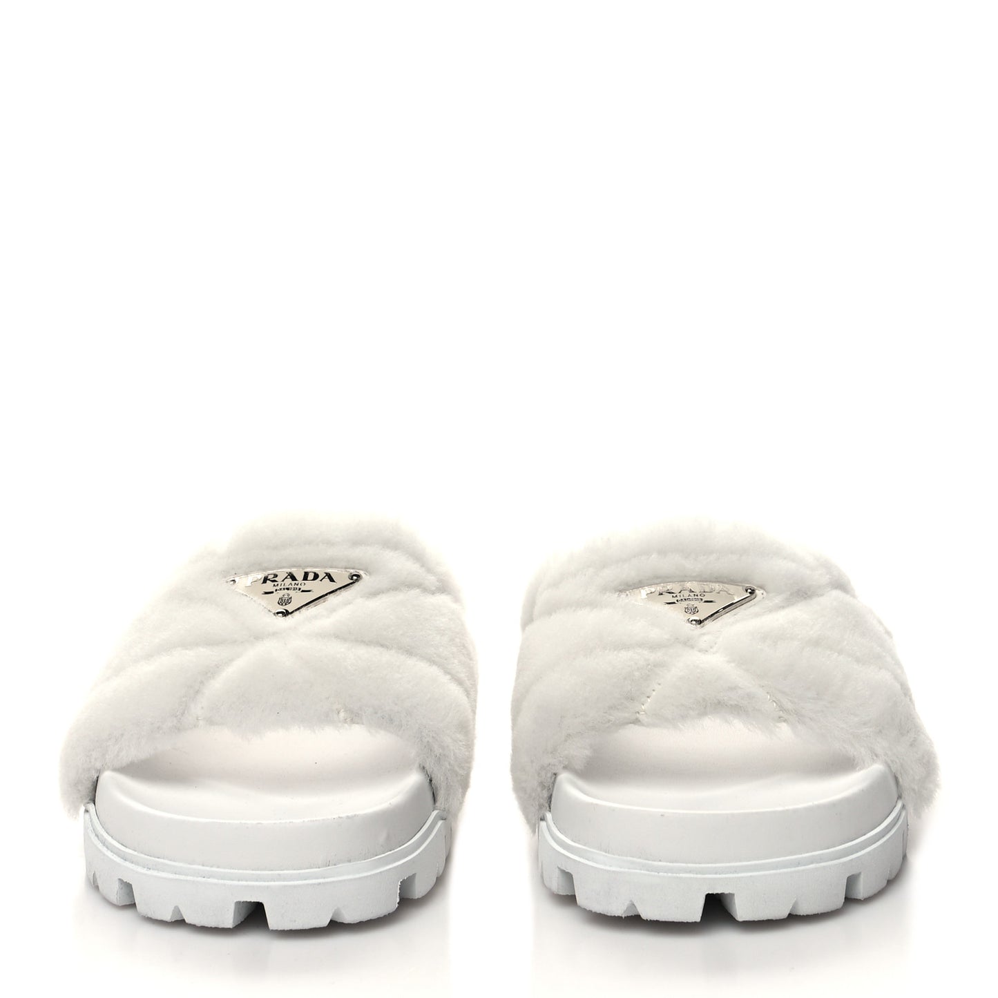 Shearling Metal Triangle Logo Lug Sole 20mm Slide Sandals 37.5 White