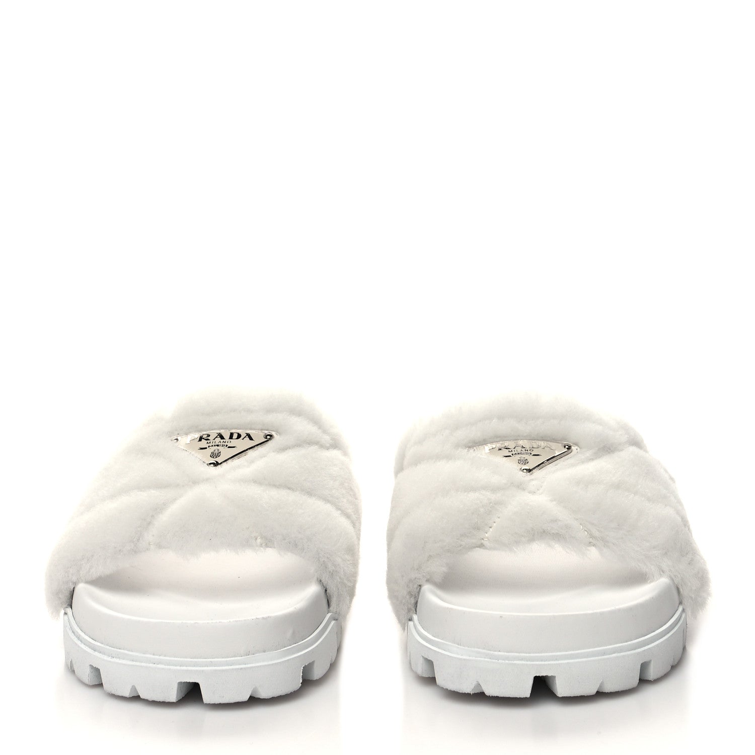 Prada Shearling Metal Triangle Logo Lug Sole 20mm Slide Sandals 37.5 White 2 of 9