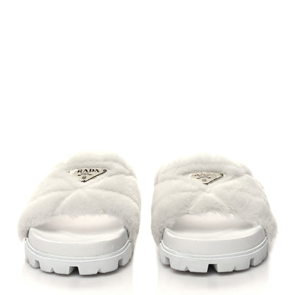 Prada Shearling Metal Triangle Logo Lug Sole 20mm Slide Sandals 37.5 White 2 of 9