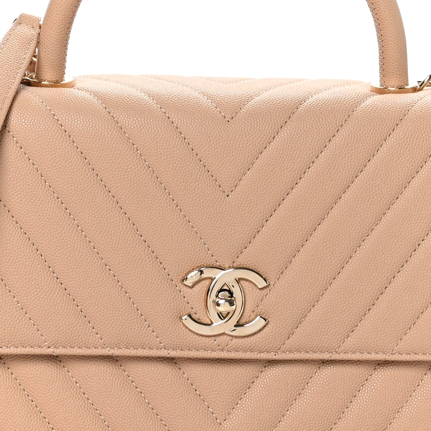 Caviar Chevron Quilted Small Coco Handle Flap Beige