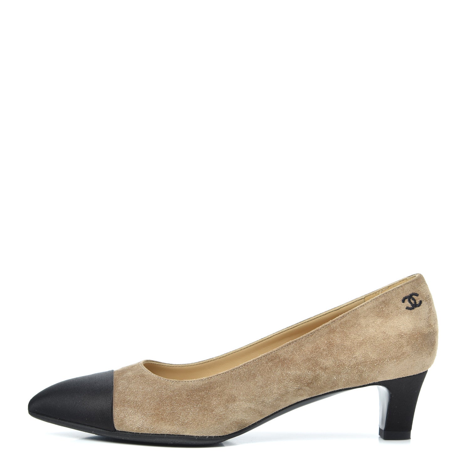 Chanel Kid Suede Grosgrain Cap Toe Pumps 36.5 Beige Black 1 of 7