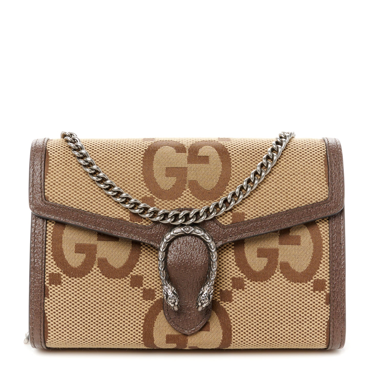 Monogram Jumbo GG Textured Dollar Calfskin Mini Dionysus Chain Wallet Camel Ebony New Acero