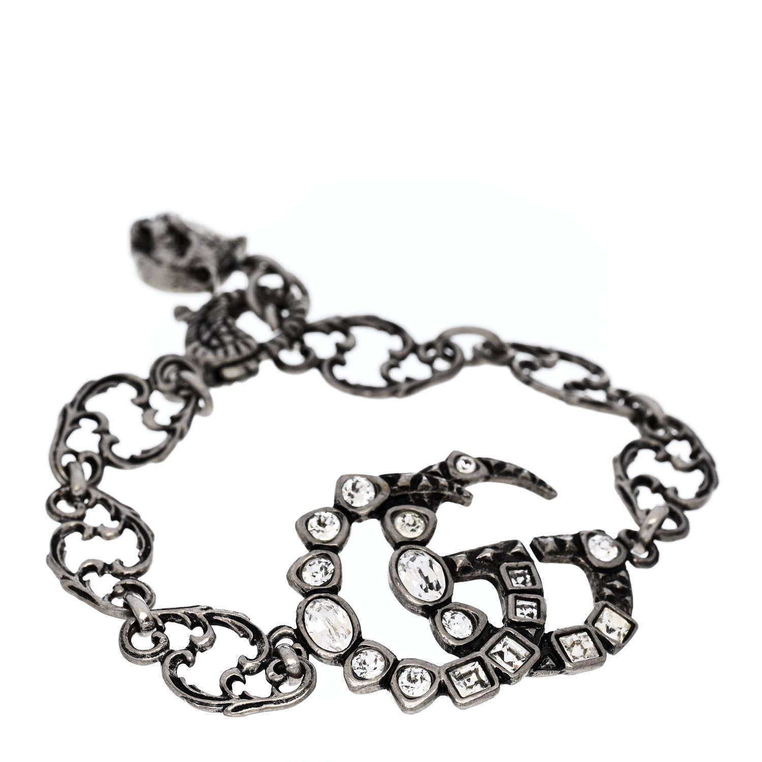 Gucci Oxidized Metal Crystal Double G Bracelet Silver 1 of 5