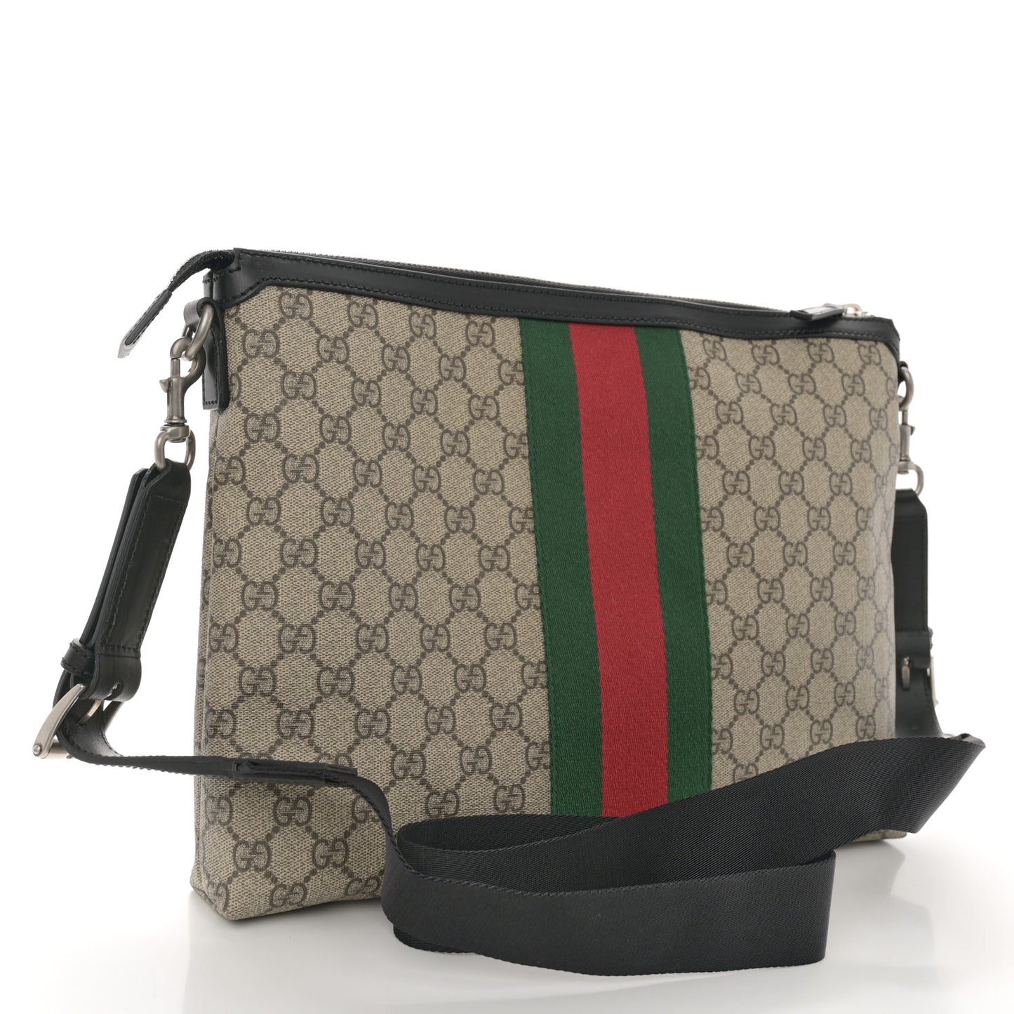 GG Supreme Monogram Calfskin Web Medium Flat Messenger Bag Beige Ebony Black