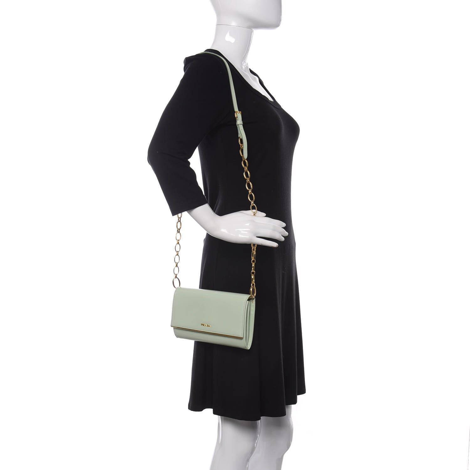 Prada Vernice Metal Bar Chain Wallet Light Green 2 of 16