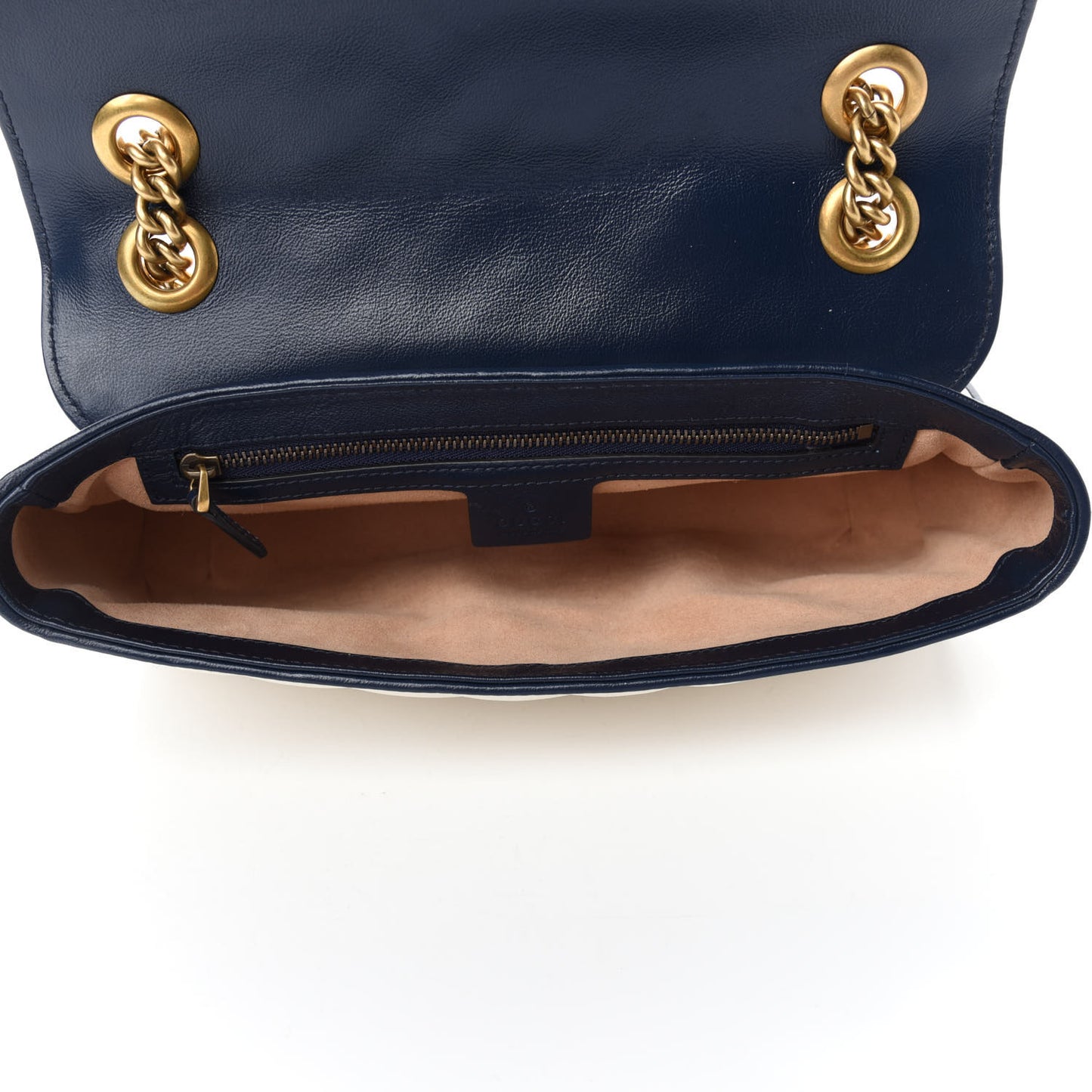 Vintage Effect Calfskin Matelasse Diagonal Small Torchon GG Marmont Shoulder Bag Mystic White Blue Agata