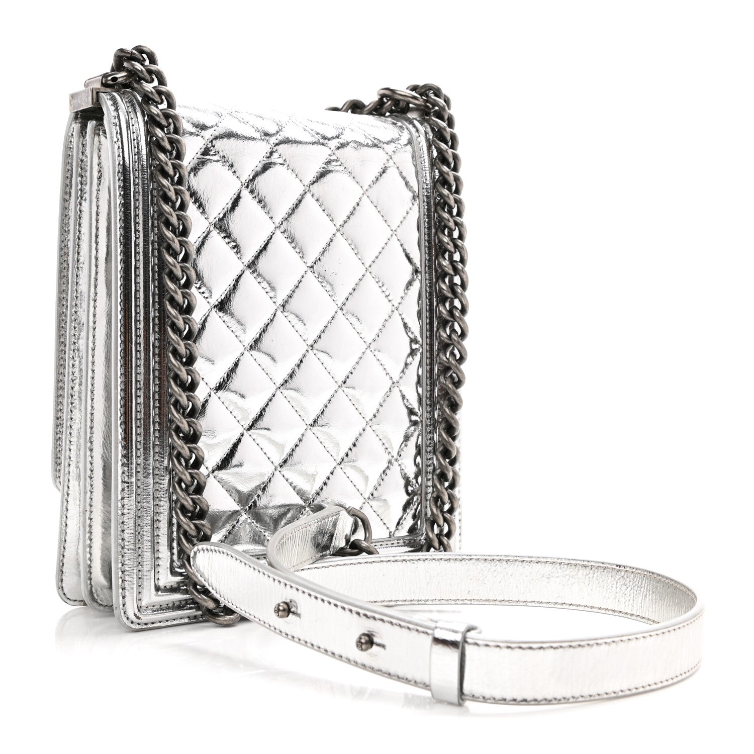 Chanel Metallic Goatskin Quilted North South Boy Flap Silver 5 of 17