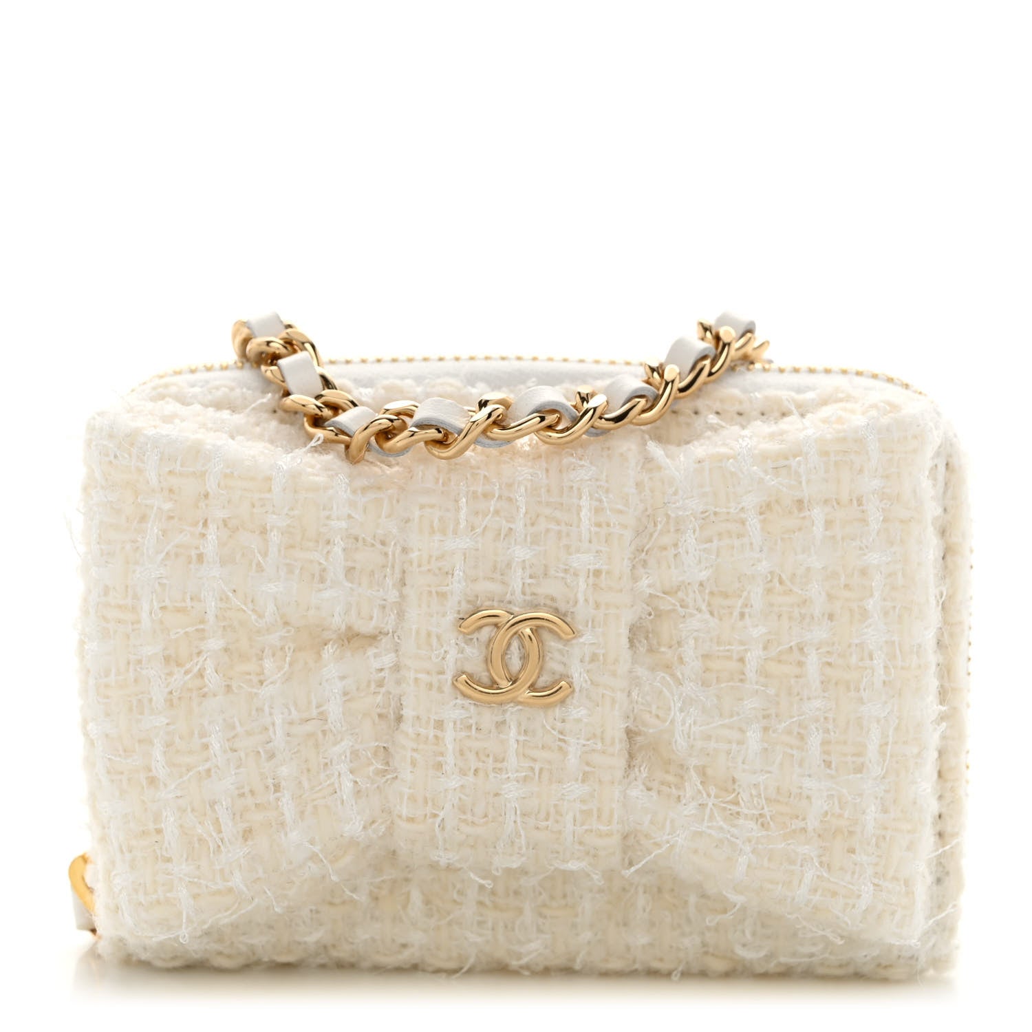 Chanel Tweed Quilted Bow Flap Card Holder On Chain White 1 of 11