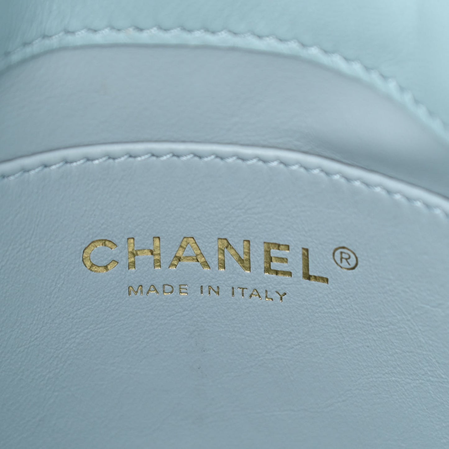 Lambskin Enamel Quilted Pending CC Mini Bucket Bag Light Blue