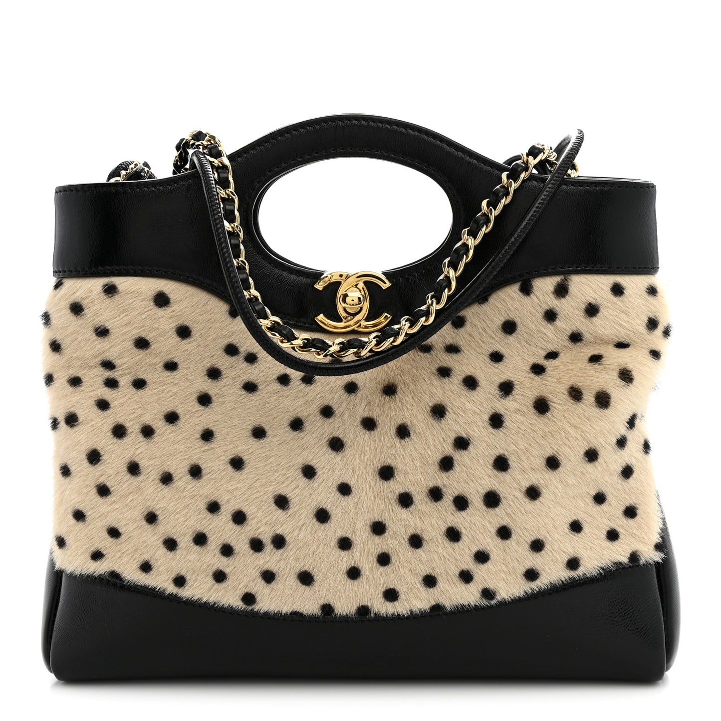 Shiny Lambskin Pony Hair Cheetah Printed Mini 31 Shopping Bag Light Beige Black