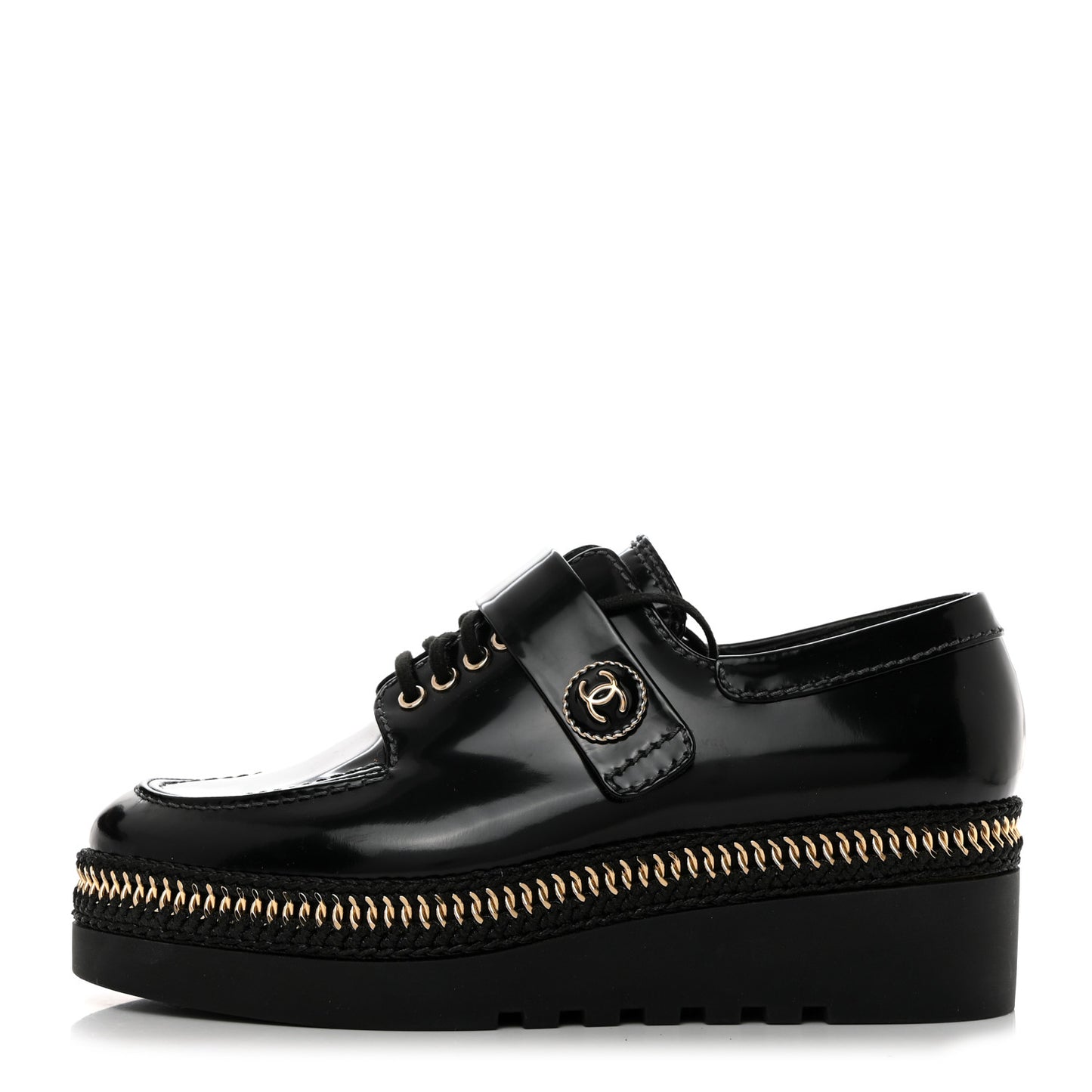Shiny Calfskin Lace Up Platform Loafers 39 Black
