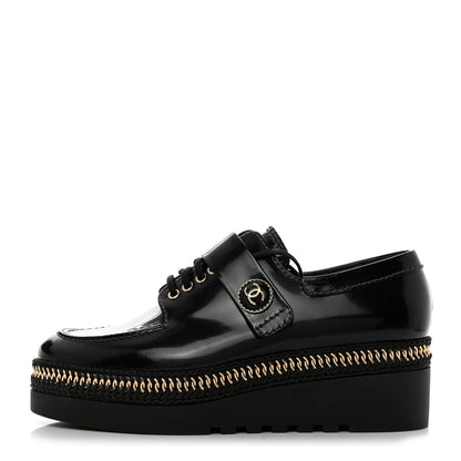 Chanel Shiny Calfskin Lace Up Platform Loafers 39 Black 1 of 9