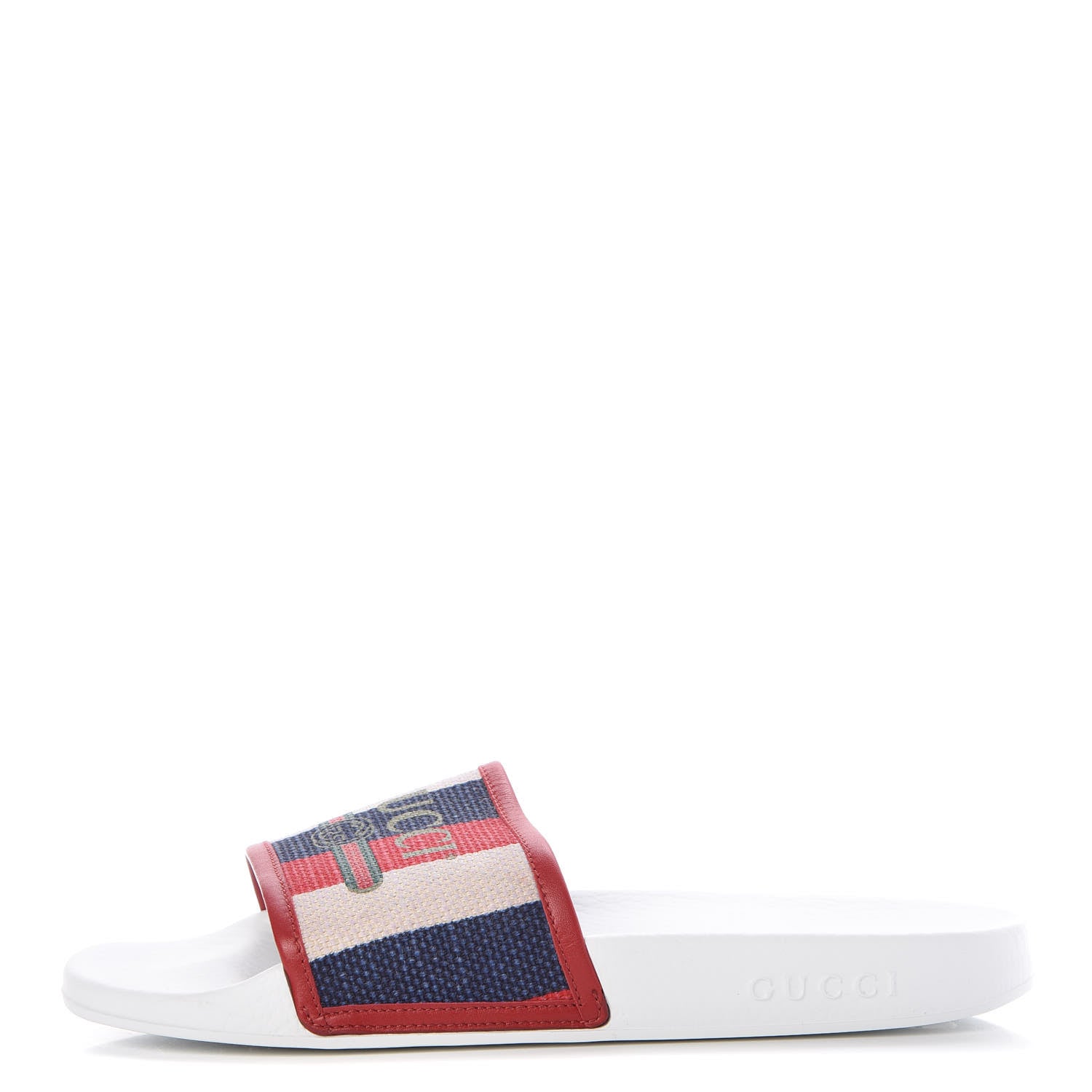 Gucci Canvas Sylvie Stripe Logo Pursuit Slide Sandals 40 Mystic White Hibiscus Red Maritime 1 of 7