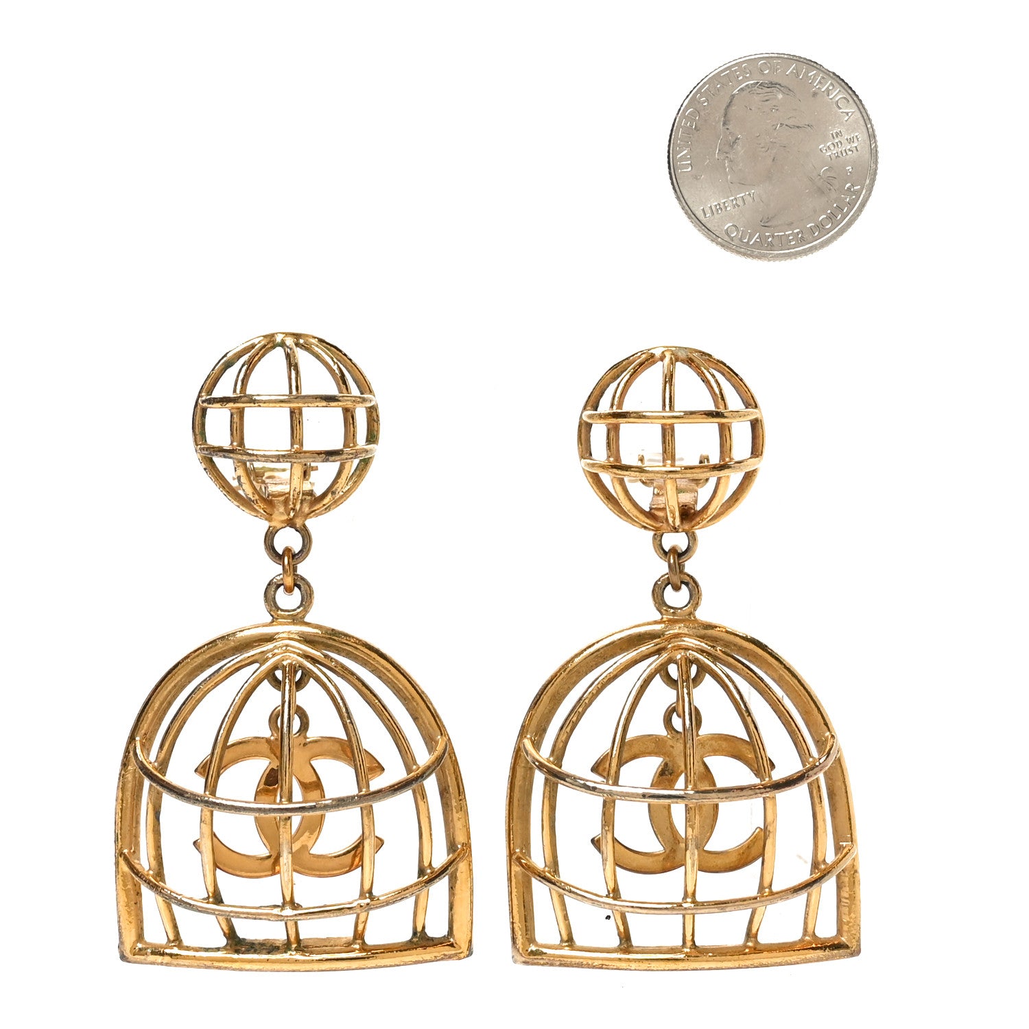 Chanel CC Bird Cage Drop Clip On Earrings Gold 2 of 4