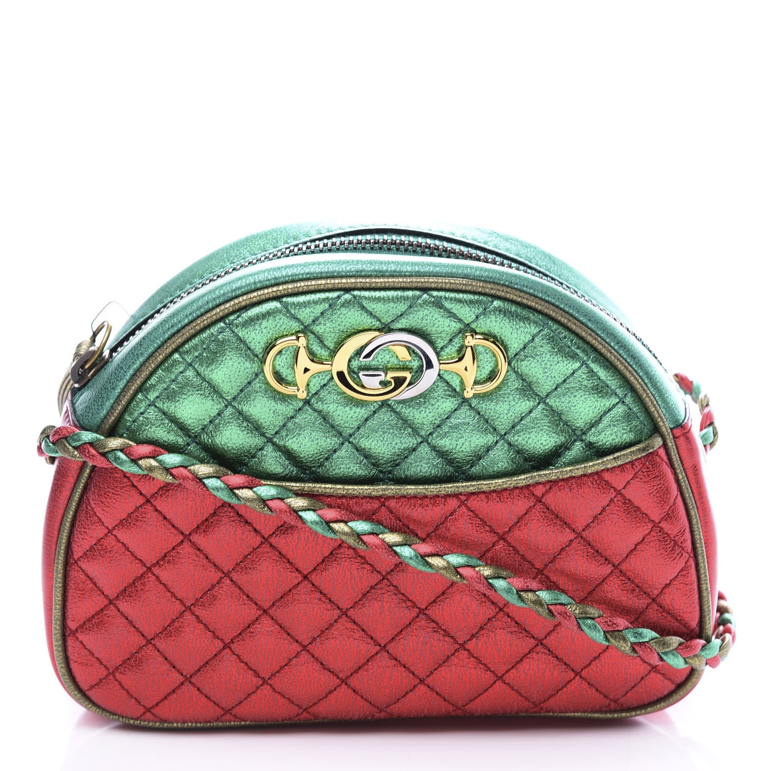 Gucci Laminated Nappa Trapuntata Mini Zumi Dome Shoulder Bag Rosso Jasmine Green Rame 1 of 9