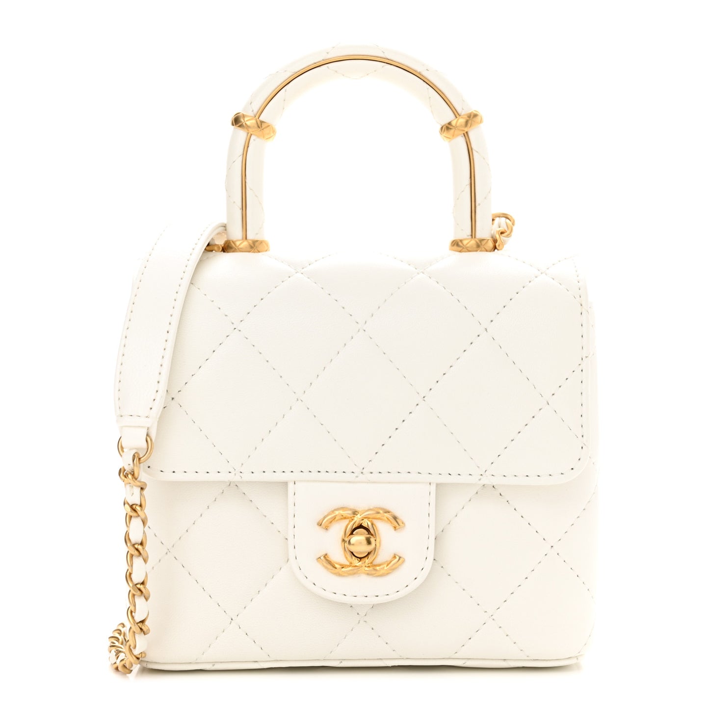 Lambskin Handle Crush Top Handle Flap Bag White