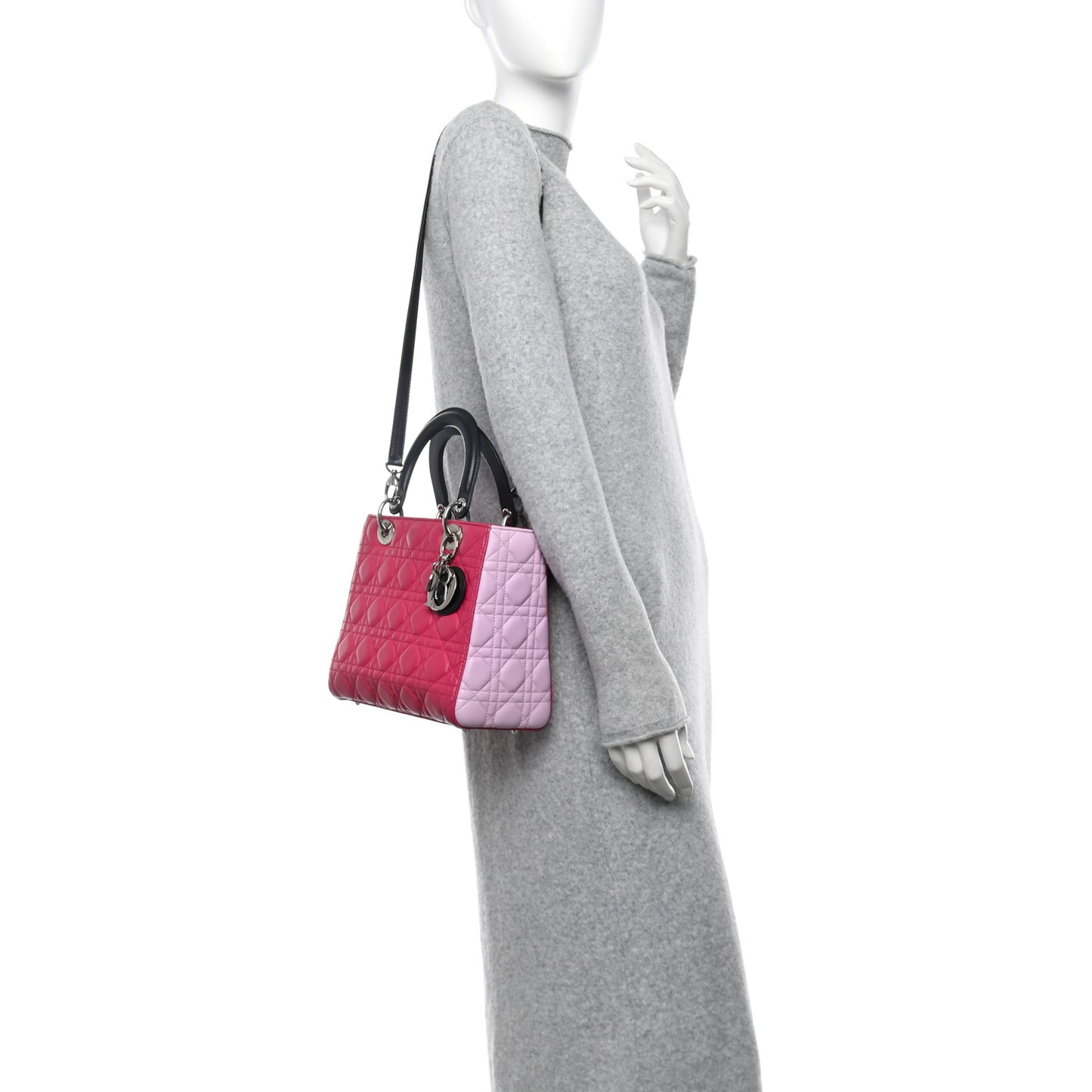 Lambskin Cannage Medium Tri-Color Lady Dior Fuchsia Anemone Black