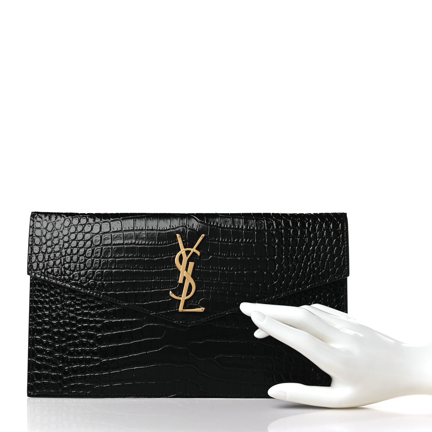 Calfskin Crocodile Embossed Uptown Monogram Clutch Black