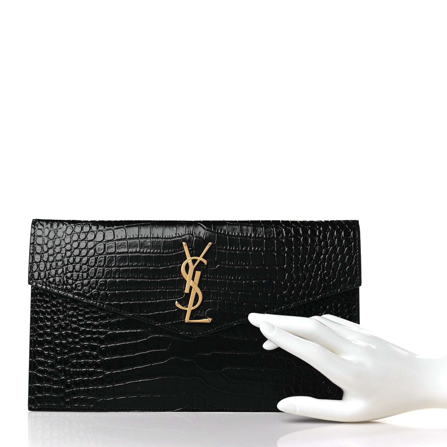 Saint Laurent Calfskin Crocodile Embossed Uptown Monogram Clutch Black 2 of 7