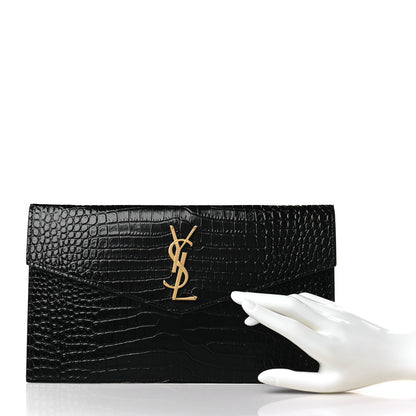 Saint Laurent Calfskin Crocodile Embossed Uptown Monogram Clutch Black 2 of 7