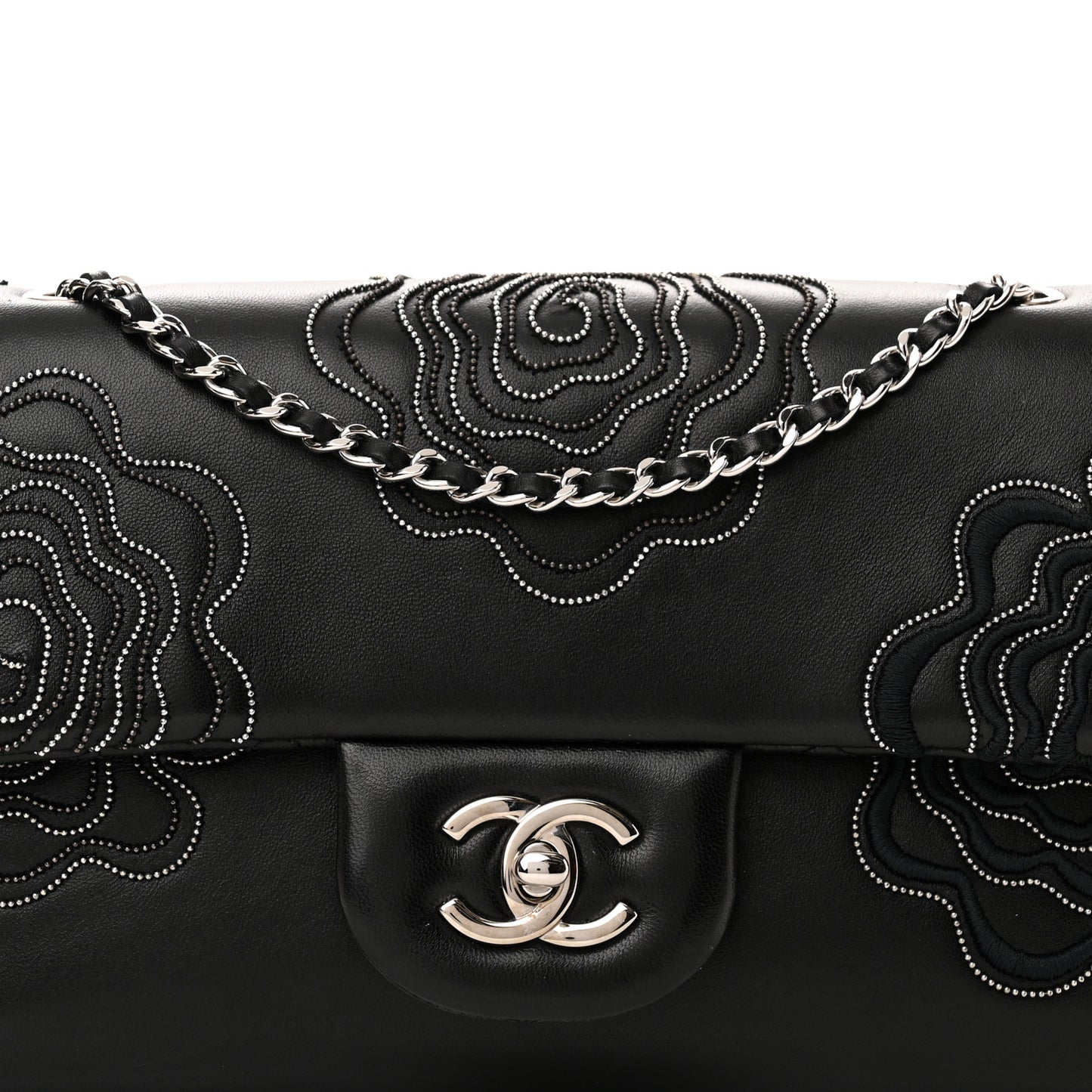 Lambskin Embroidered Camellia Follies Flap Black