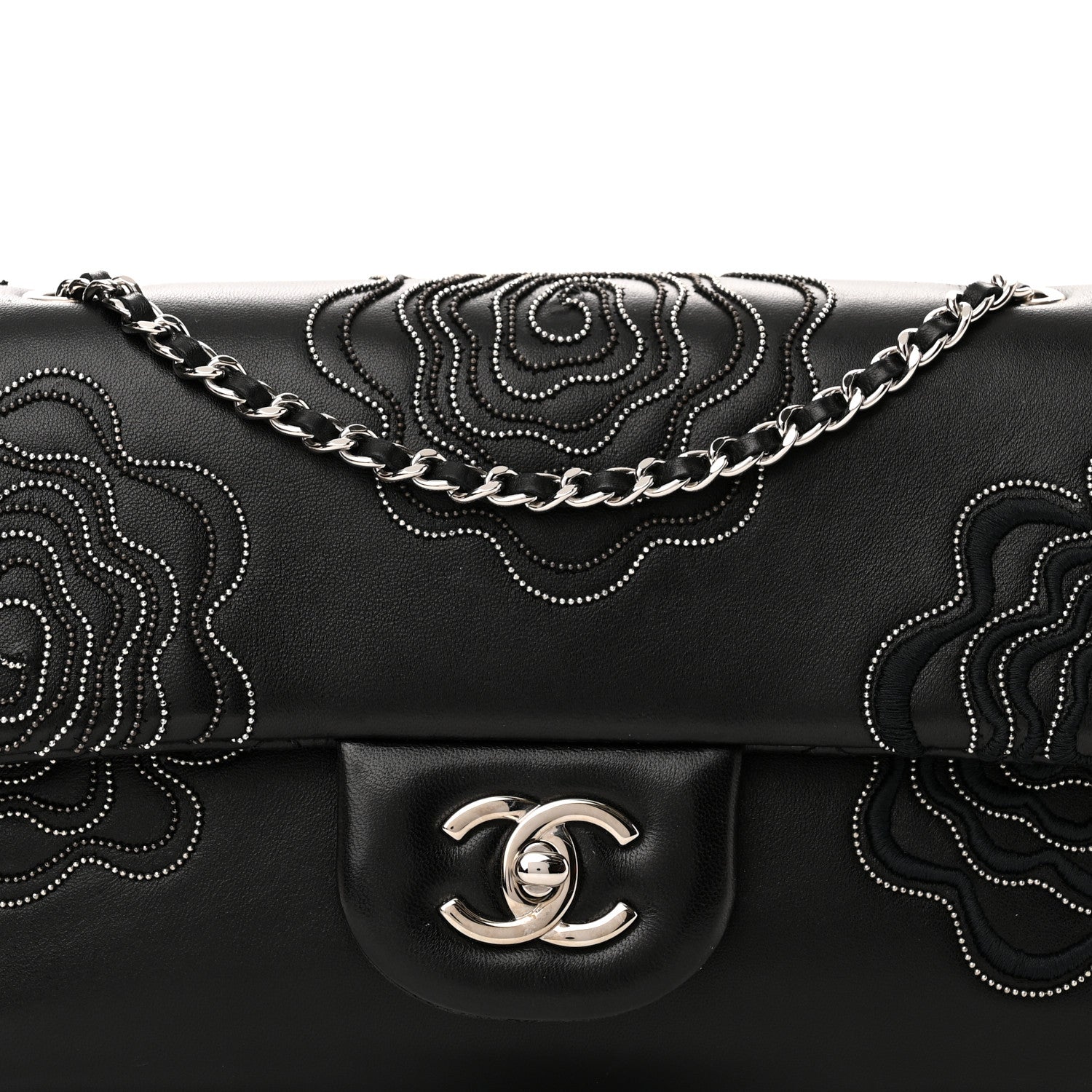 Chanel Lambskin Embroidered Camellia Follies Flap Black 8 of 12