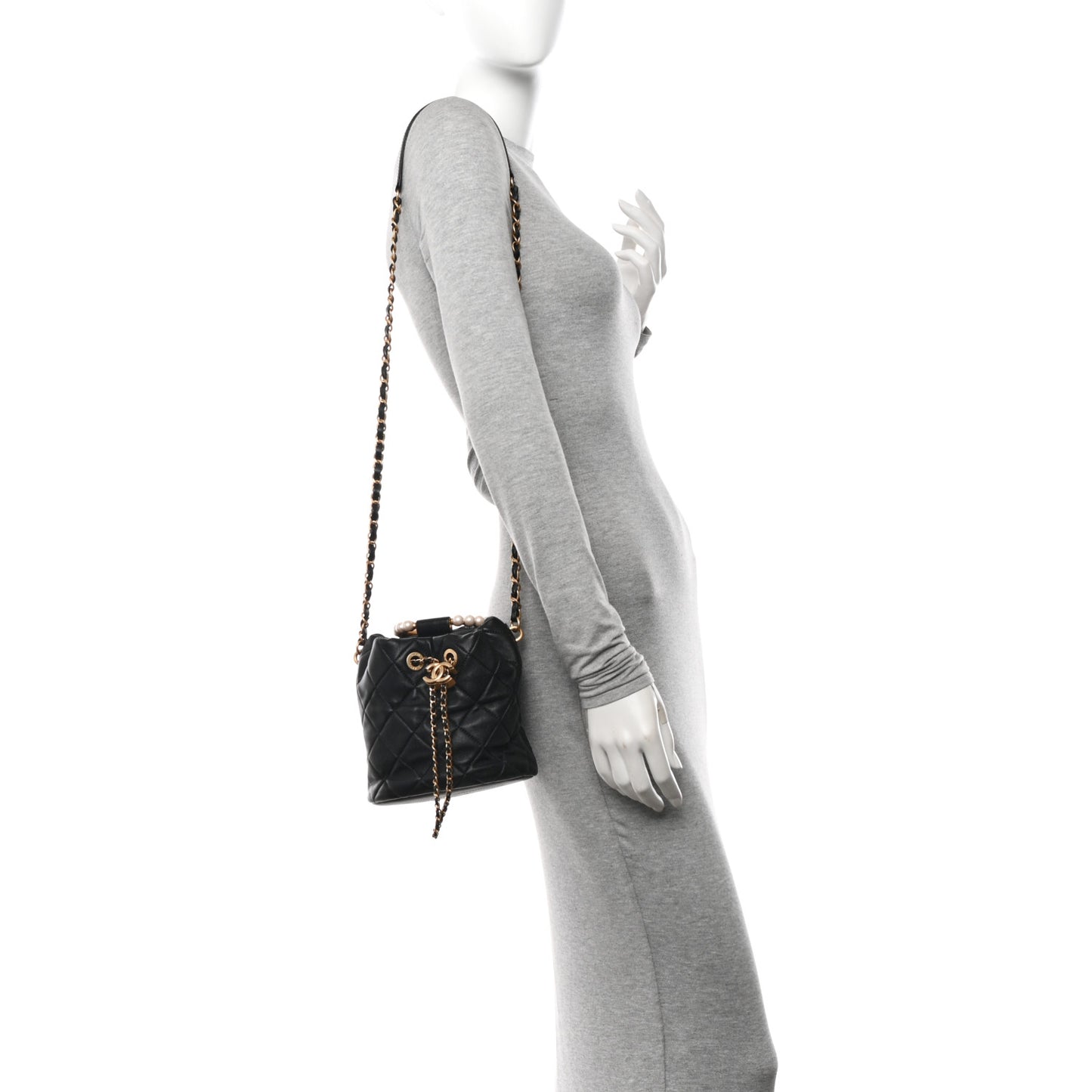 Lambskin Quilted Pearl Crown Drawstring Bag Black