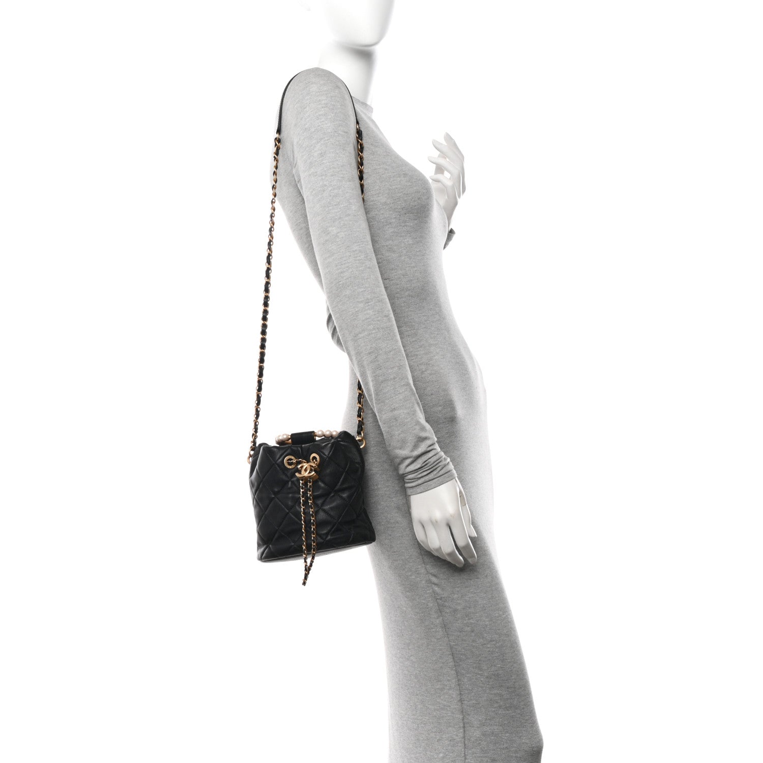 Chanel Lambskin Quilted Pearl Crown Drawstring Bag Black 2 of 11