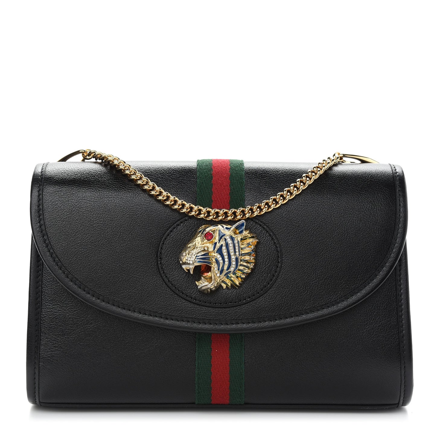 Textured Calfskin Web Small Rajah Slim Flap Shoulder Bag Black