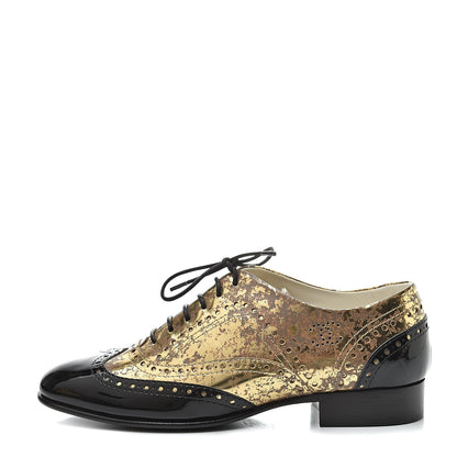 Chanel Fantasy Patent Calfskin Lace Up Oxfords 38 Gold Black 1 of 8