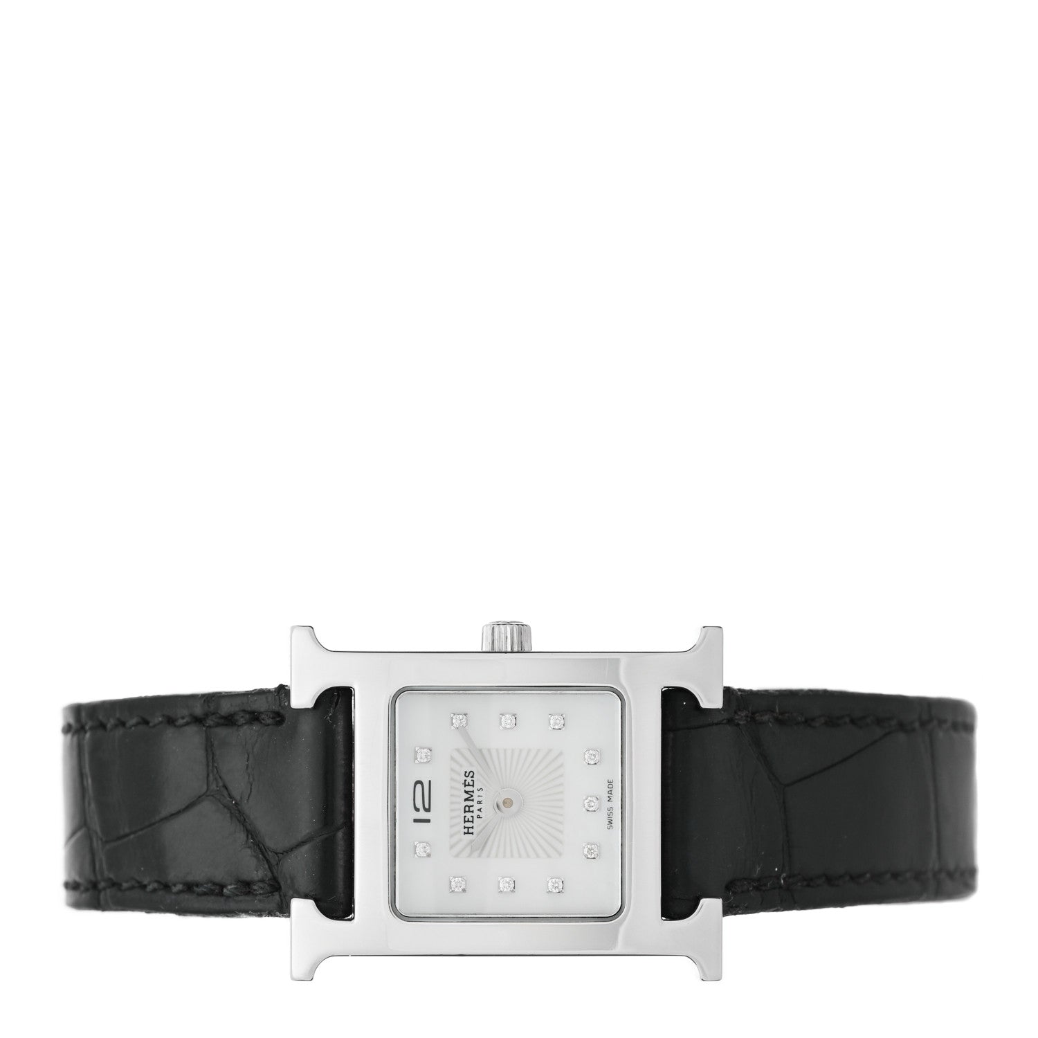 Hermes Stainless Steel Alligator Diamond Mother of Pearl 21mm Heure H Hour Quartz Watch Noir 2 of 4