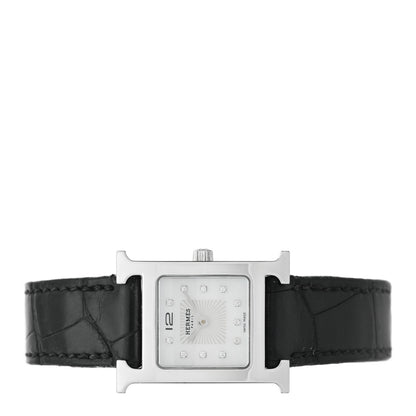 Hermes Stainless Steel Alligator Diamond Mother of Pearl 21mm Heure H Hour Quartz Watch Noir 2 of 4
