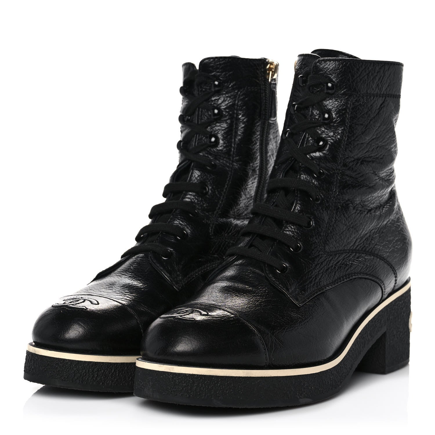 Chanel Shiny Crumpled Lambskin Lace Up Combat Boots 41.5 Black 3 of 9