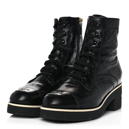 Chanel Shiny Crumpled Lambskin Lace Up Combat Boots 41.5 Black 3 of 9