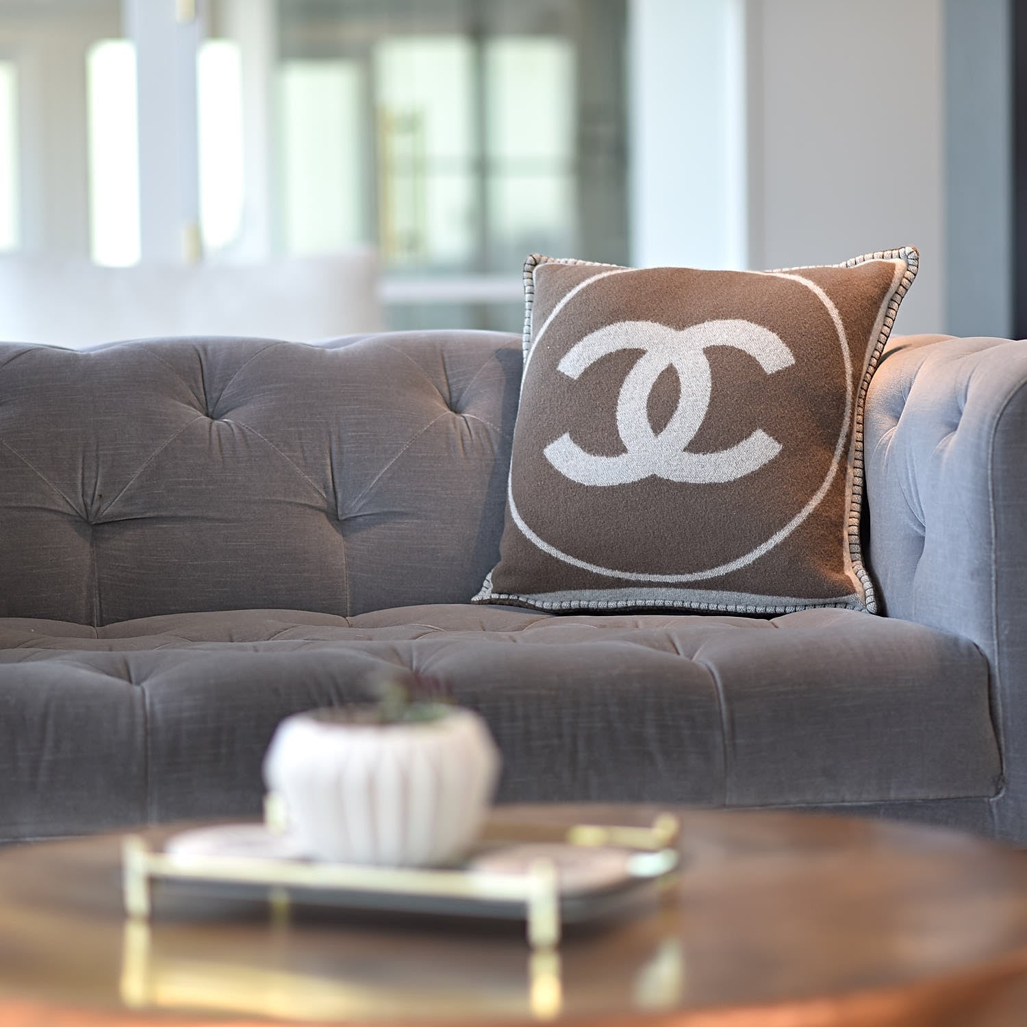 Chanel Merino Wool Cashmere CC Pillow Dark Beige Light Beige 2 of 9
