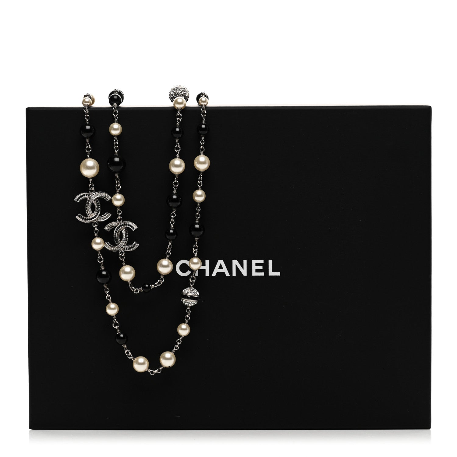 Chanel Metal Pearl Crystal Bead CC Long Necklace Silver Black 6 of 6