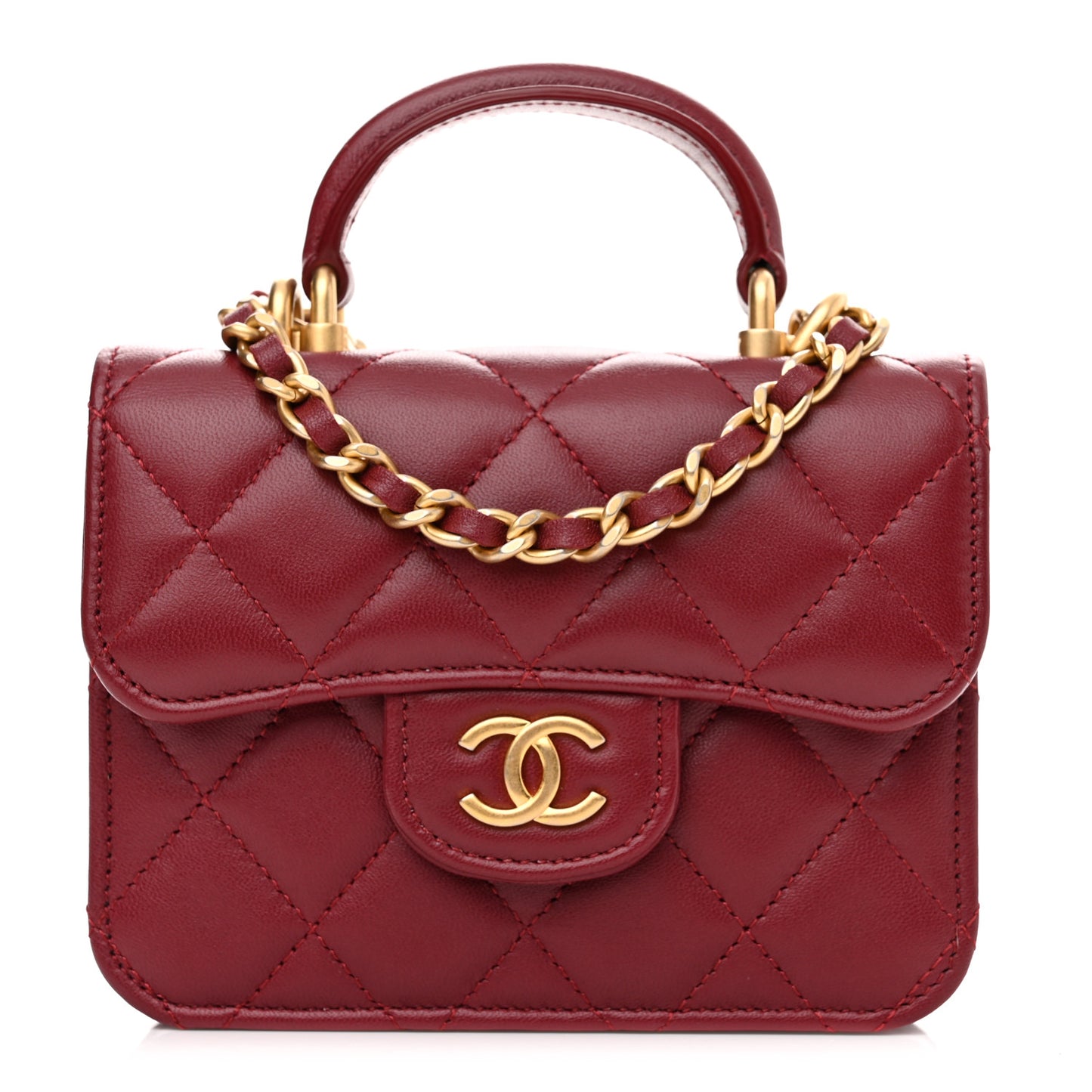 Lambskin Quilted Top Handle Flap Coin Purse With Chain Burgundy