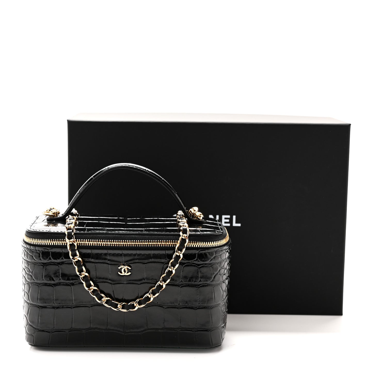 Calfskin Crocodile Embossed Top Handle Vanity Black