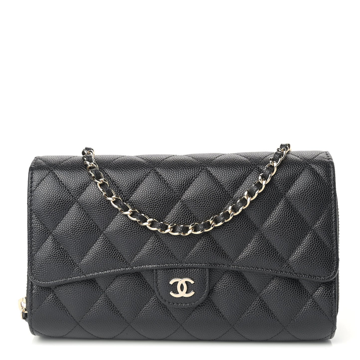 Caviar Quilted Phone Holder Wallet on Removable Chain Black