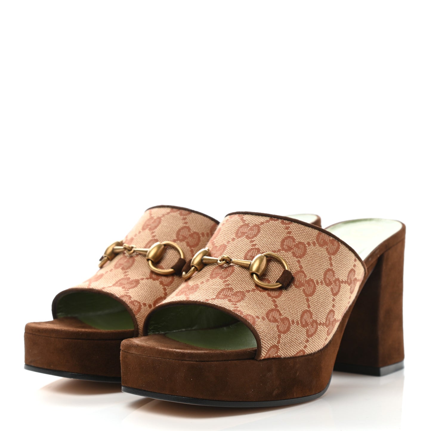 GG Monogram Kid Scamosciato Houdan Mid Heel Platform Slide Sandals 38.5 Beige Ruggine Maroon