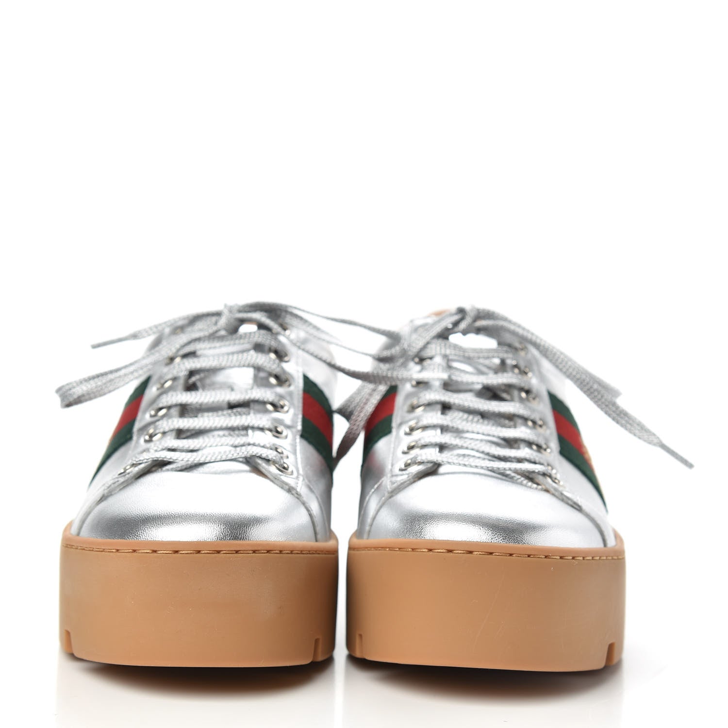 Gucci Metallic Nappa Web Bee Embroidered Womens Ace Platform Sneakers 36 Argento Red Flame 2 of 8