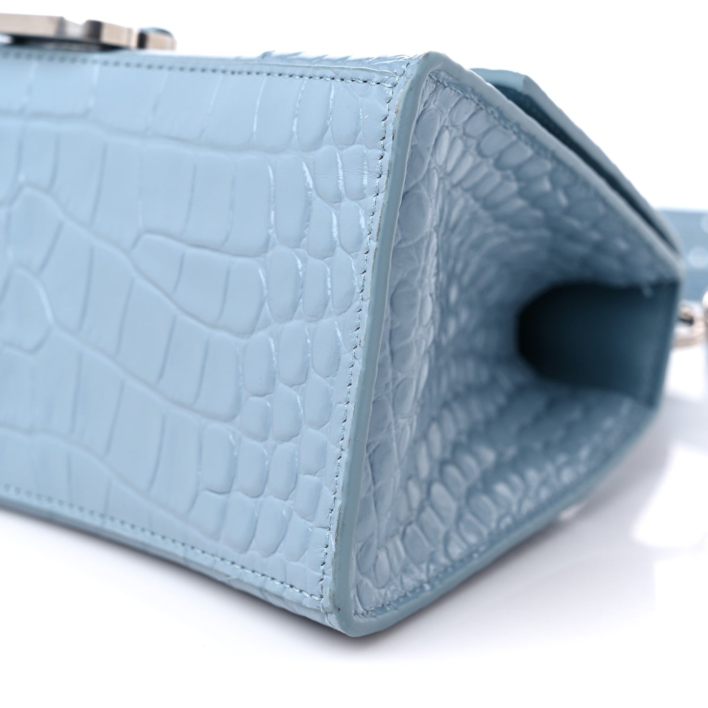 Shiny Calfskin Crocodile Embossed Small Hourglass Top Handle Bag Blue Grey