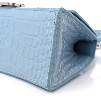 Balenciaga Shiny Calfskin Crocodile Embossed Small Hourglass Top Handle Bag Blue Grey 9 of 13