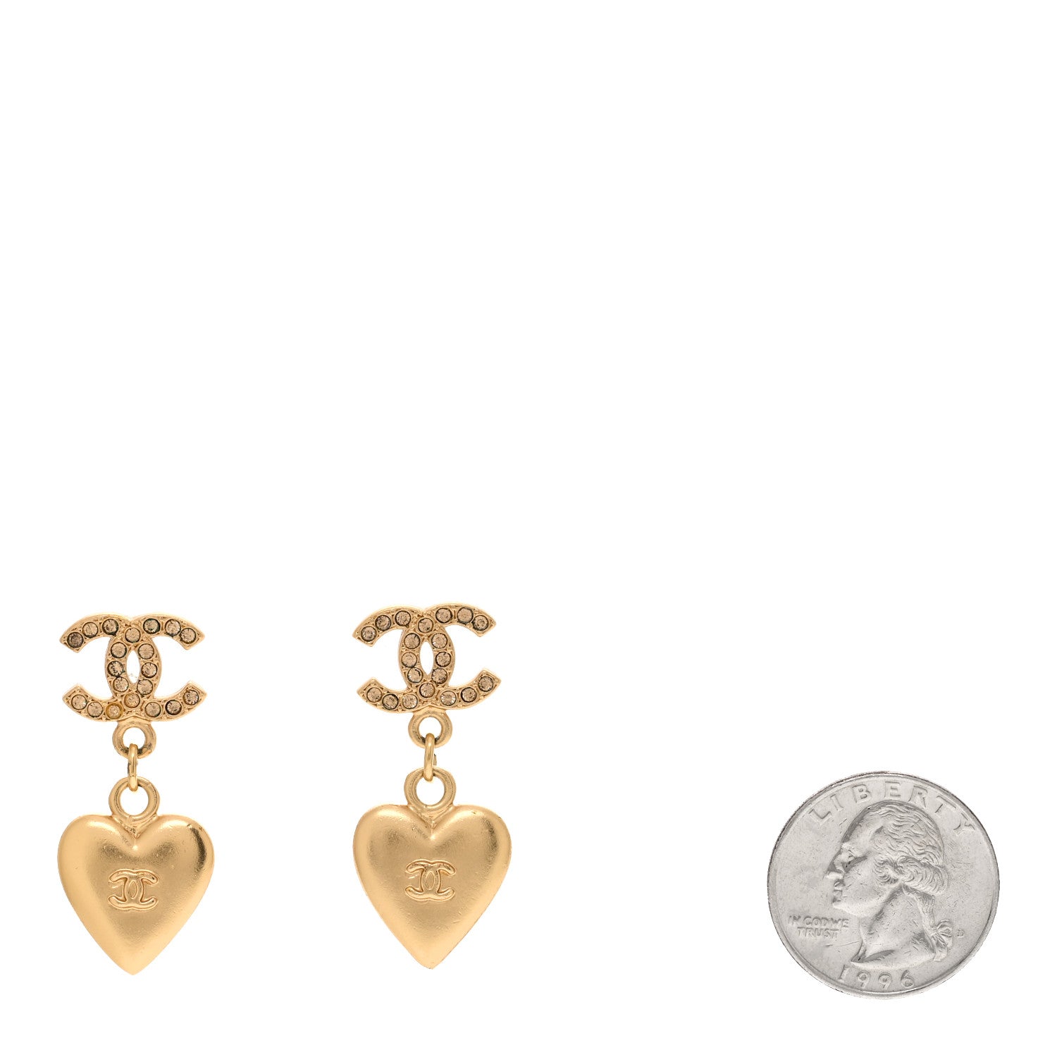 Chanel Metal Crystal CC Heart Drop Earrings Gold 2 of 4